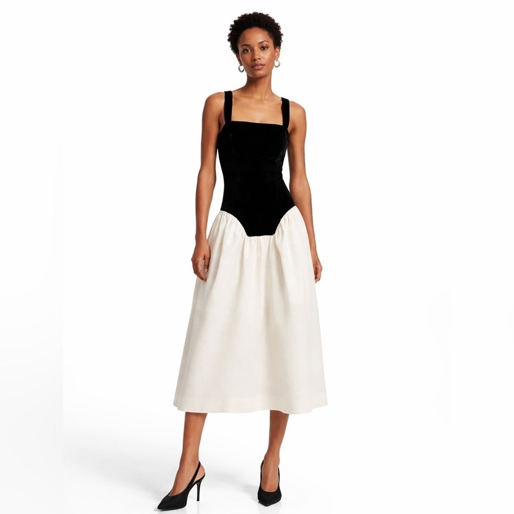 RHODE Georgina Color Block MIDI Dress US 2 Black Velvet Cream - Picture 2 of 14